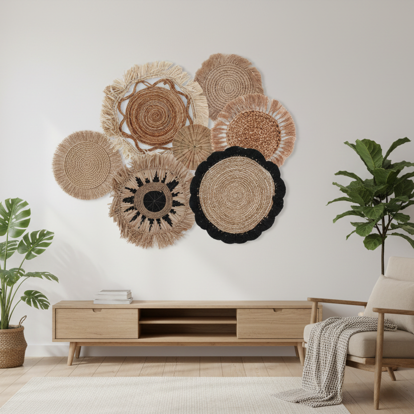 Decorative wall art with woven circular designs in a living room setting.