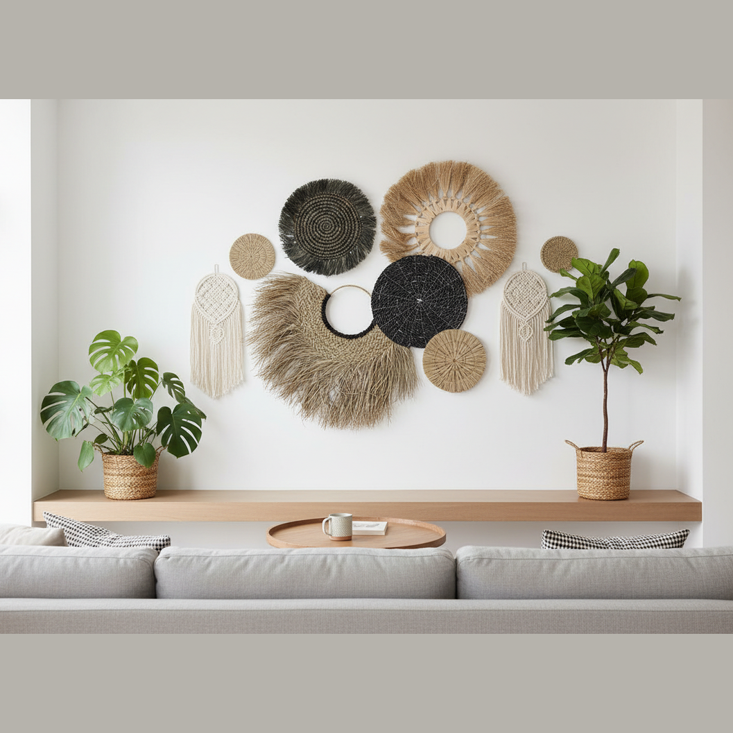 Living room with decorative wall art, plants, and a coffee table.