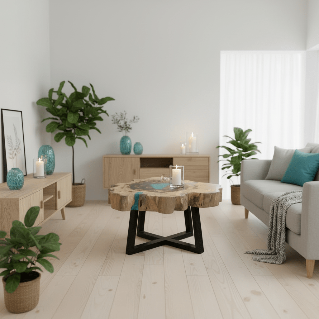 Modern living room with a wooden coffee table, gray sofa, and decorative plants.