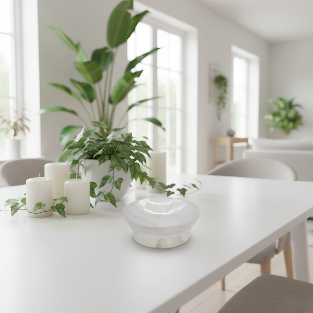 White dining table with candles, white bowls and potted plants in a bright room