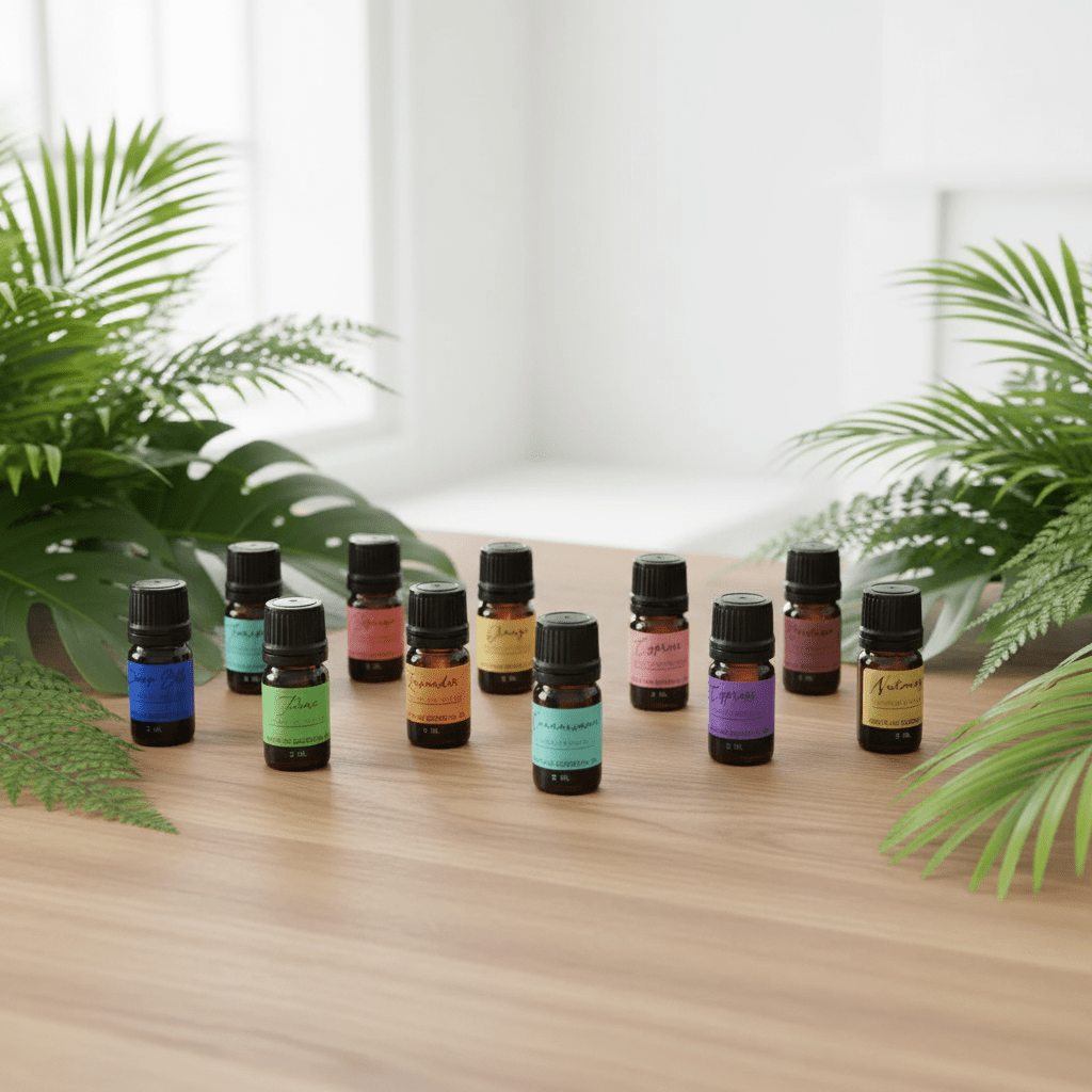 Row of small essential oil bottles with colorful labels on a wooden surface, surrounded by green plants.