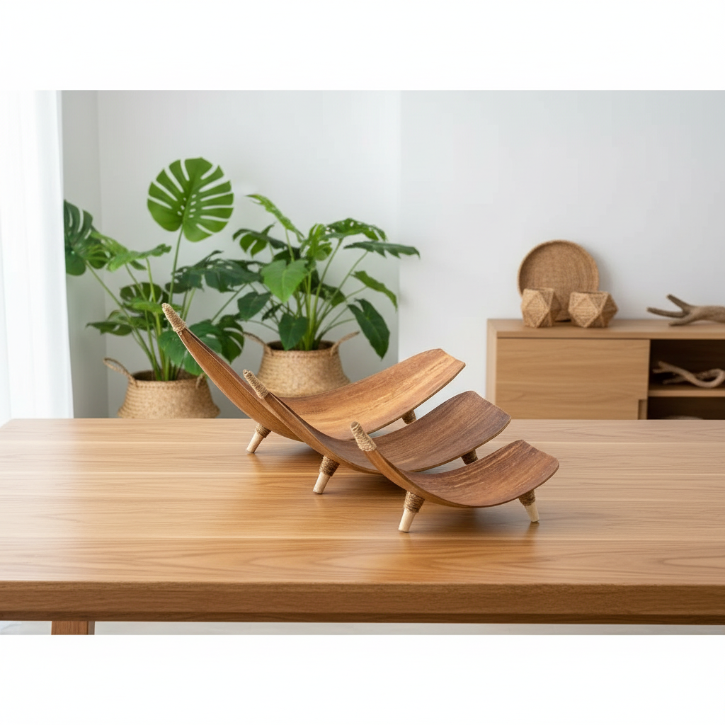 Wooden serving dishes on a wooden table with plants in the background