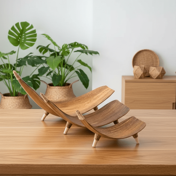Wooden serving dishes on a wooden table with plants in the background