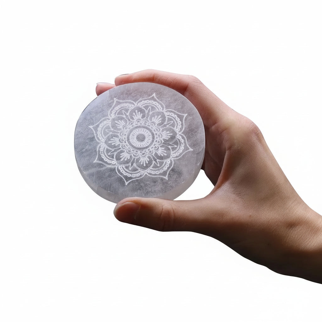 Ancient Wisdom Decorative Selenite Charging Plates  - Mandala Feng Shui or Natural Designs Home & Garden > Decor > Decorative Plates >Decorative Selenite Charging Plates emmy-jane-boutique.myshopify.com