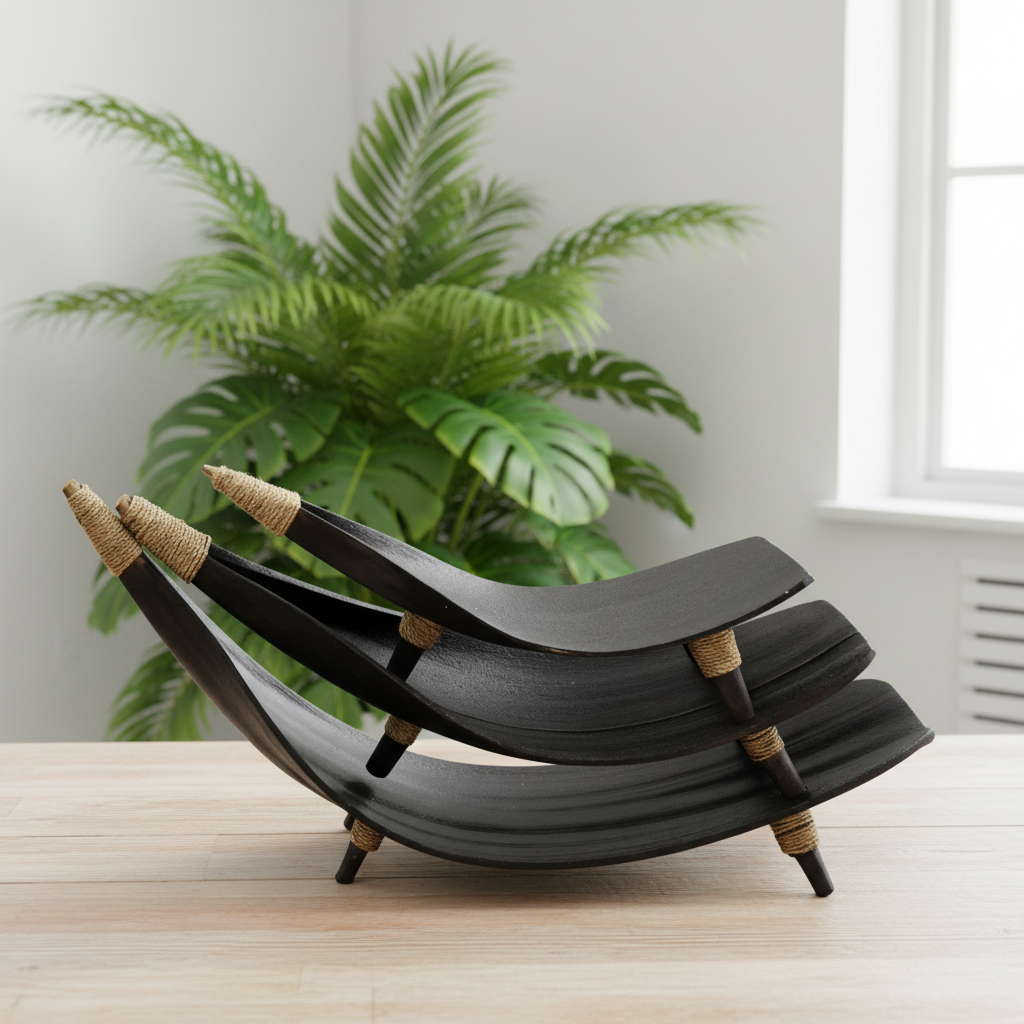 A modern three-tier black serving tray set with woven natural fiber handles and legs, styled on a light wood tabletop with a green plant and window in the background.