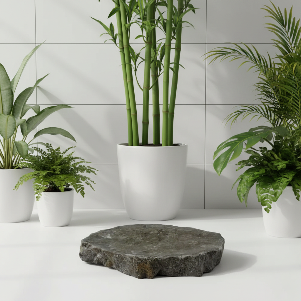 A raw-edge marble soap dish with exotic plants on a white surface with a tiled wall background