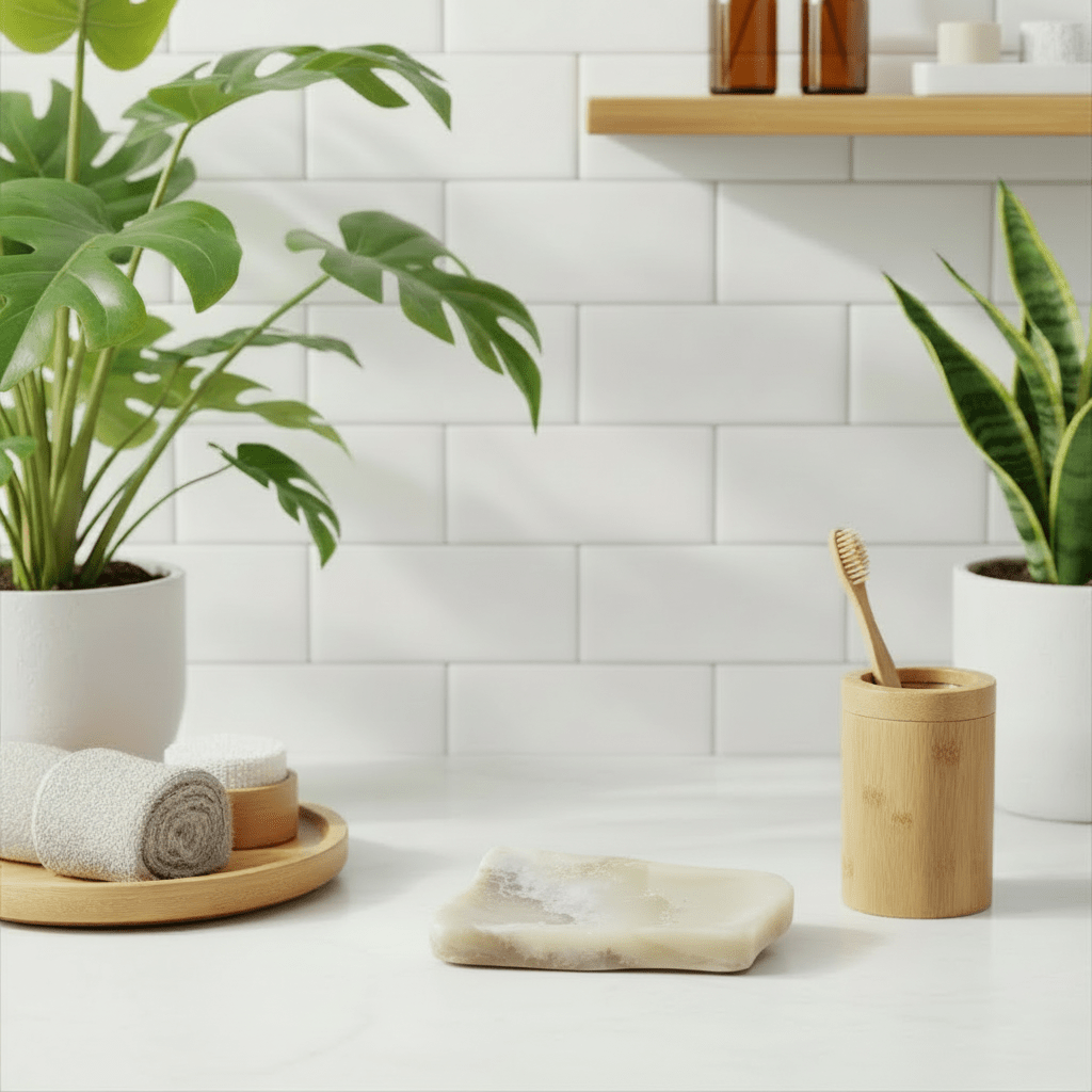 An onyx soap dish in a bathroom with green plants and bamboo wood acessories