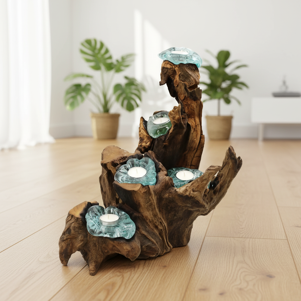 Candle Holder Handmade Tealight Holder - Recycled Molton Glass on Gamel Wood