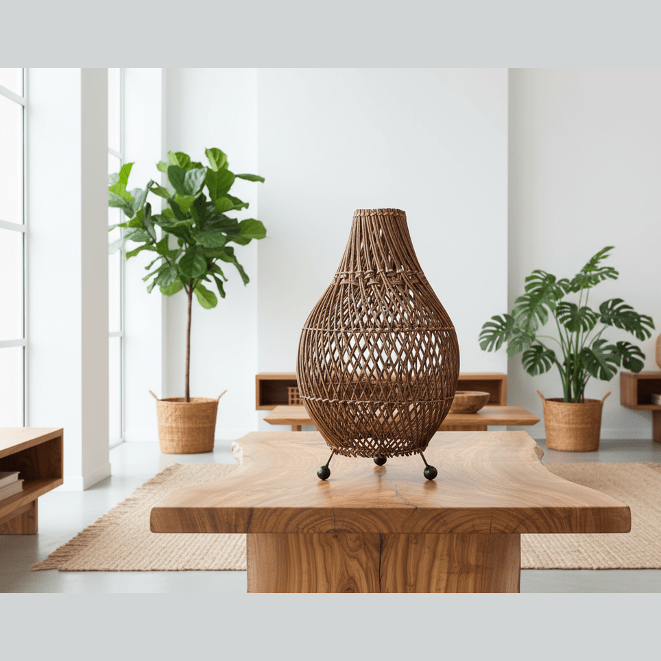 Woven lamp on a wooden table with plants and minimal decor in a bright room.