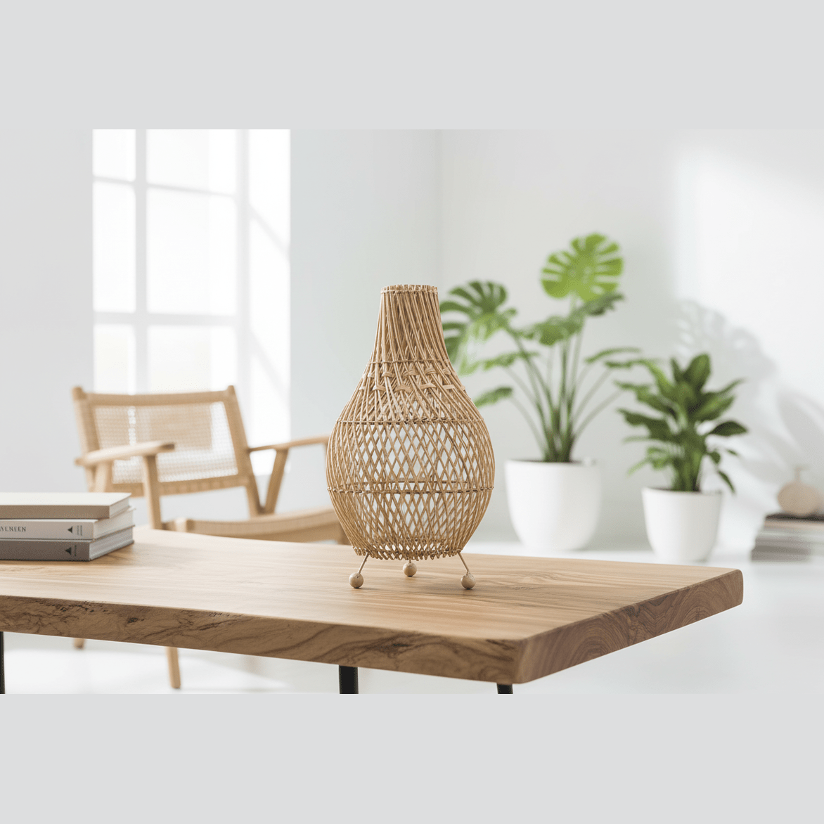 Woven lamp on a wooden table with plants and chairs in the background
