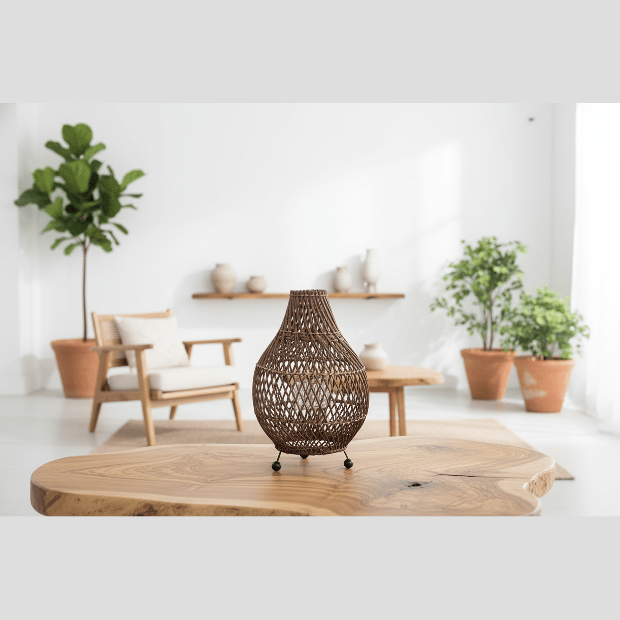 Woven bronze lamp on a wooden table with a minimalistic room background