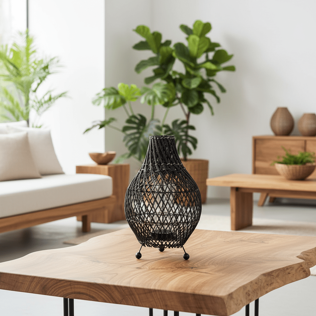 Black woven lamp on a wooden table in a modern living room with plants and furniture.