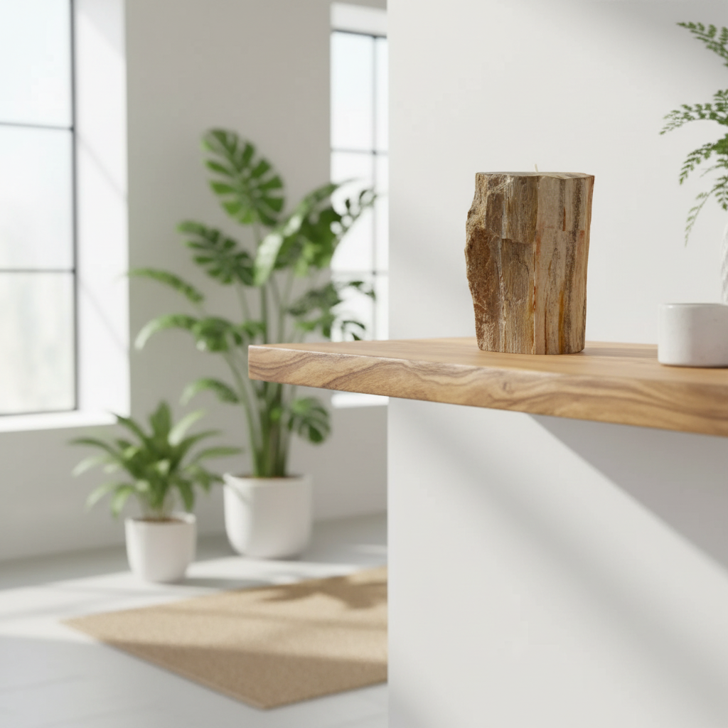 A natural candle holder on a wooden shelf in a white living space, with green plants.