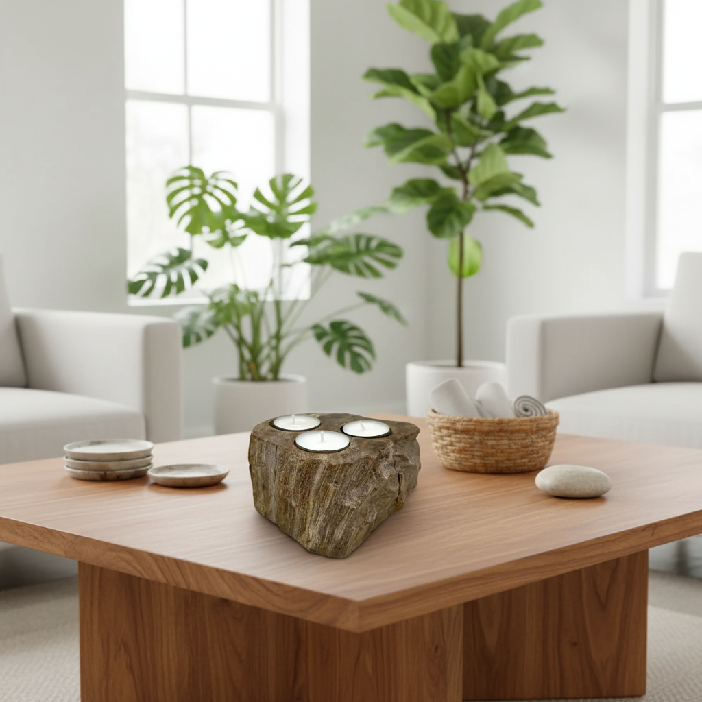 Wooden coffee table with decorative items in a living room setting