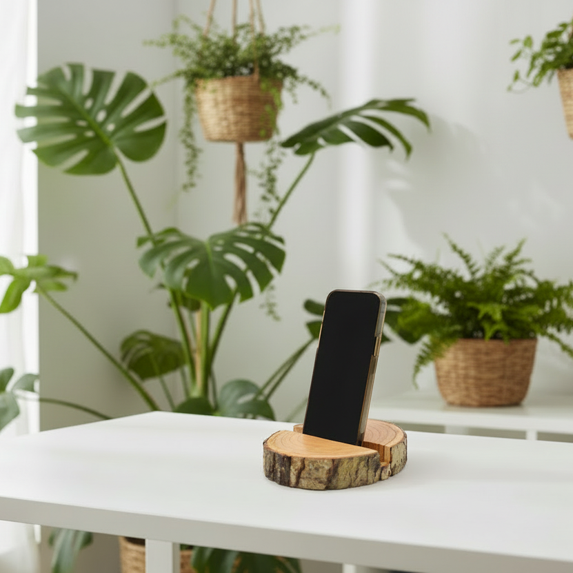Phone on a wooden stand with plants in the background