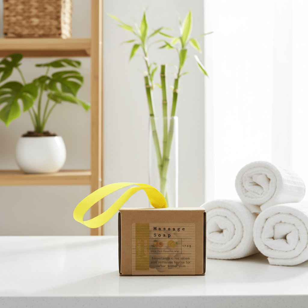 A boxed soap and white towels rolled up on a white surface with a wooden shelf in the background