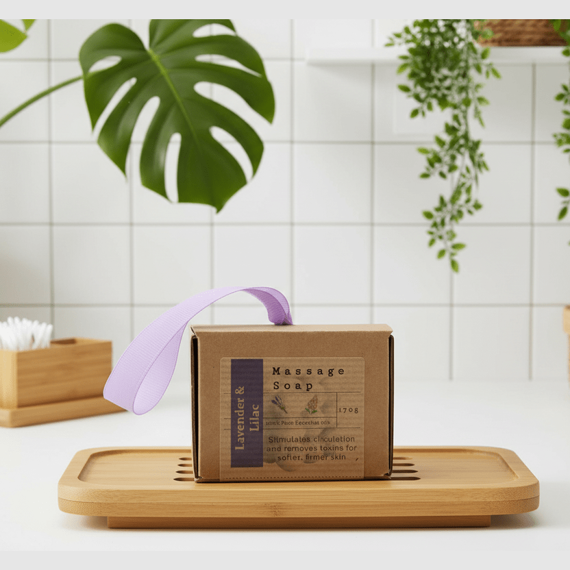 Massage soap in a box, on a white surface with plants in the background