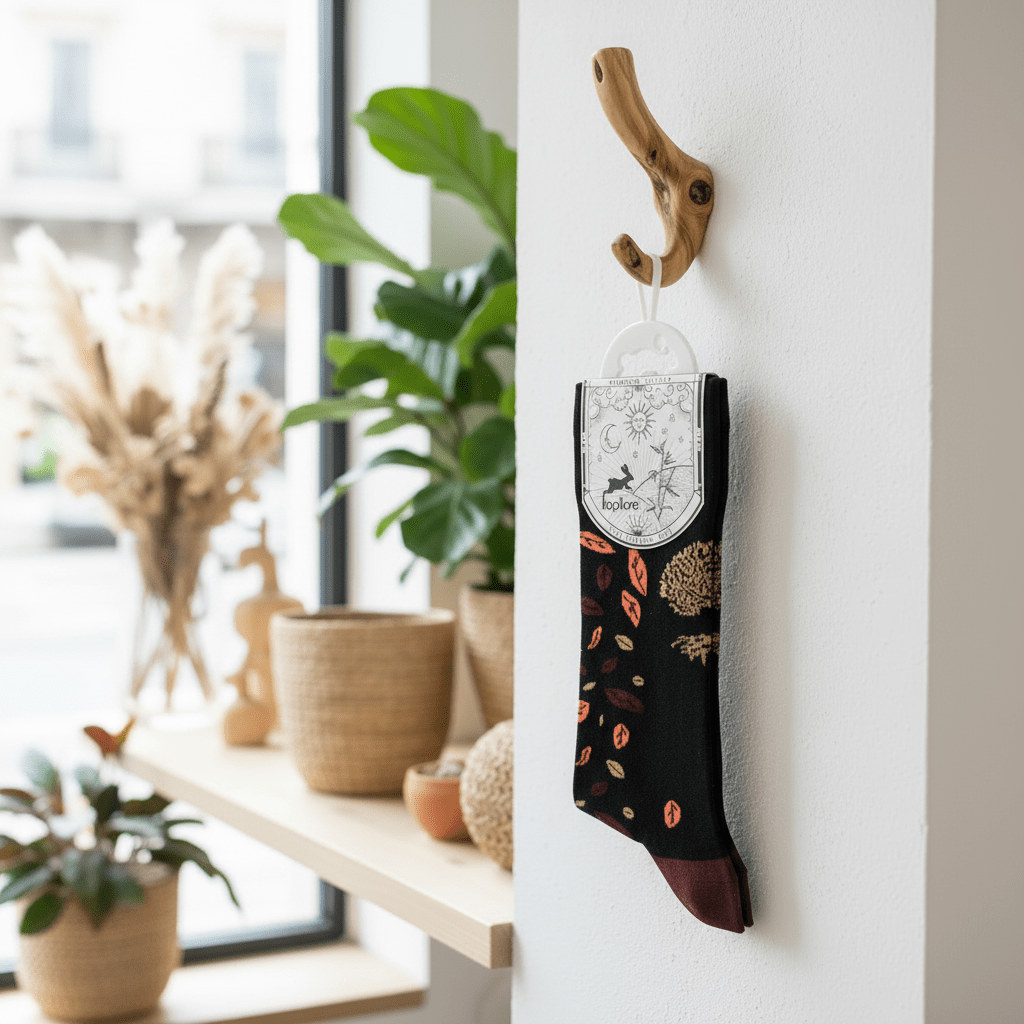 Colourful bamboo socks hanging on a wooden hook with plants and a window in the background