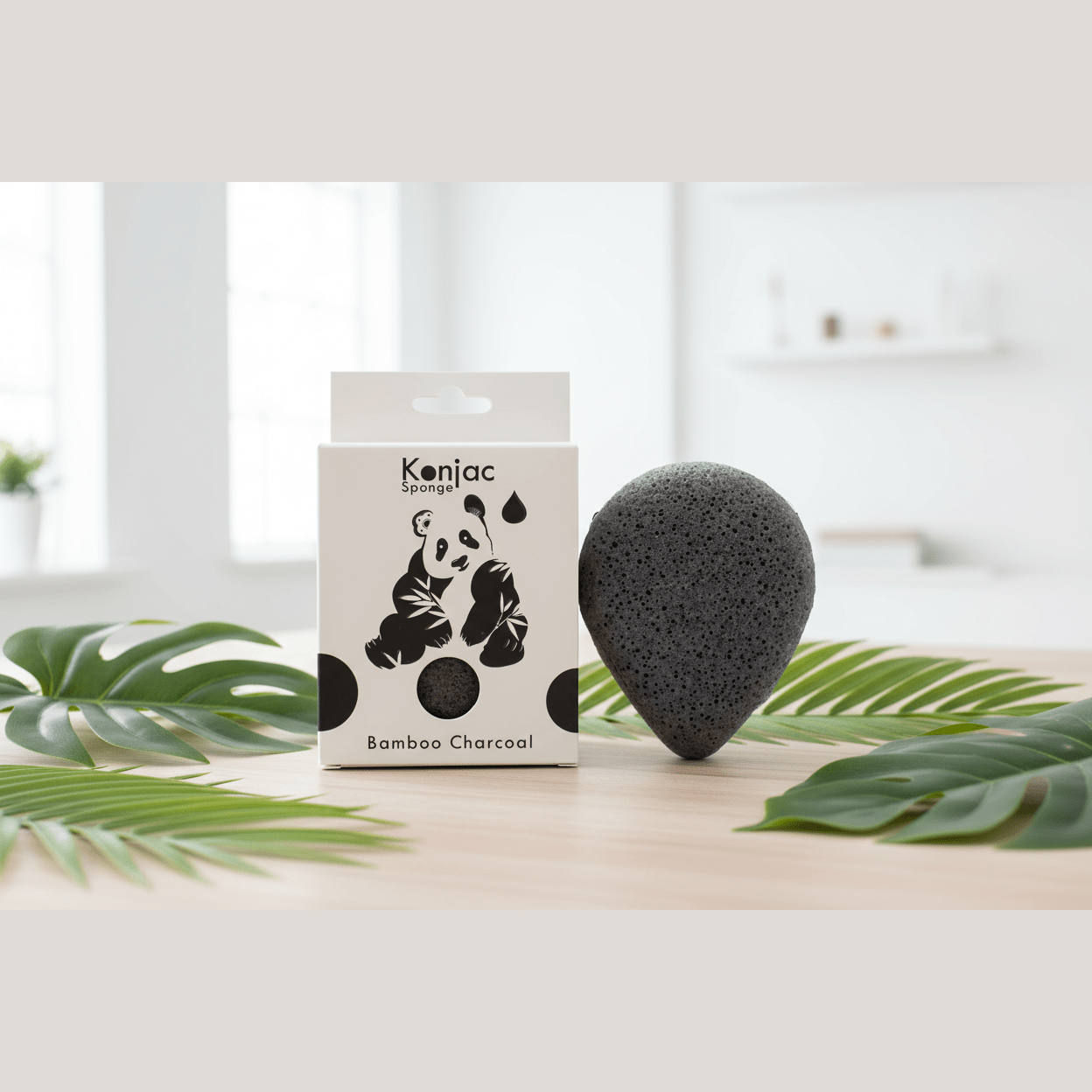 Konjac sponge with bamboo charcoal and packaging on a wooden surface with green leaves.