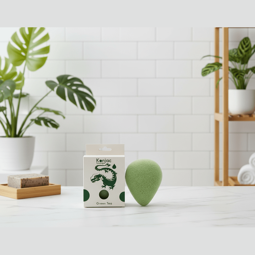 Green tea skincare sponge with packaging and a heart-shaped green item on a white surface with plants in the background.