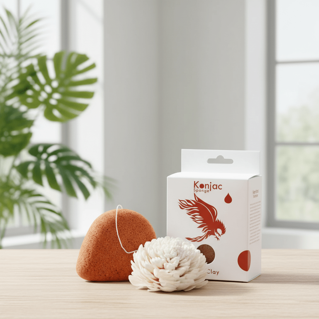 Konjac sponge and packaging on a table with a plant in the background