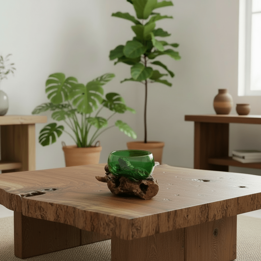 Wooden coffee table with a green glass bowl and decorative piece, surrounded by plants in a room.