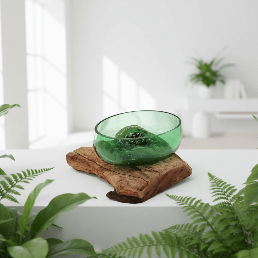 Green glass bowl on a wooden stand with plants in a bright room