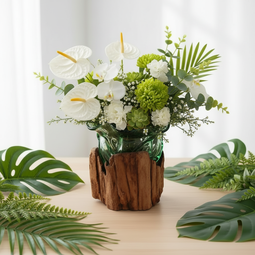 A floral arrangement with white anthuriums, green pompons, and green foliage in a textured green glass vase set on a light wood surface with decorative tropical leaves around it.