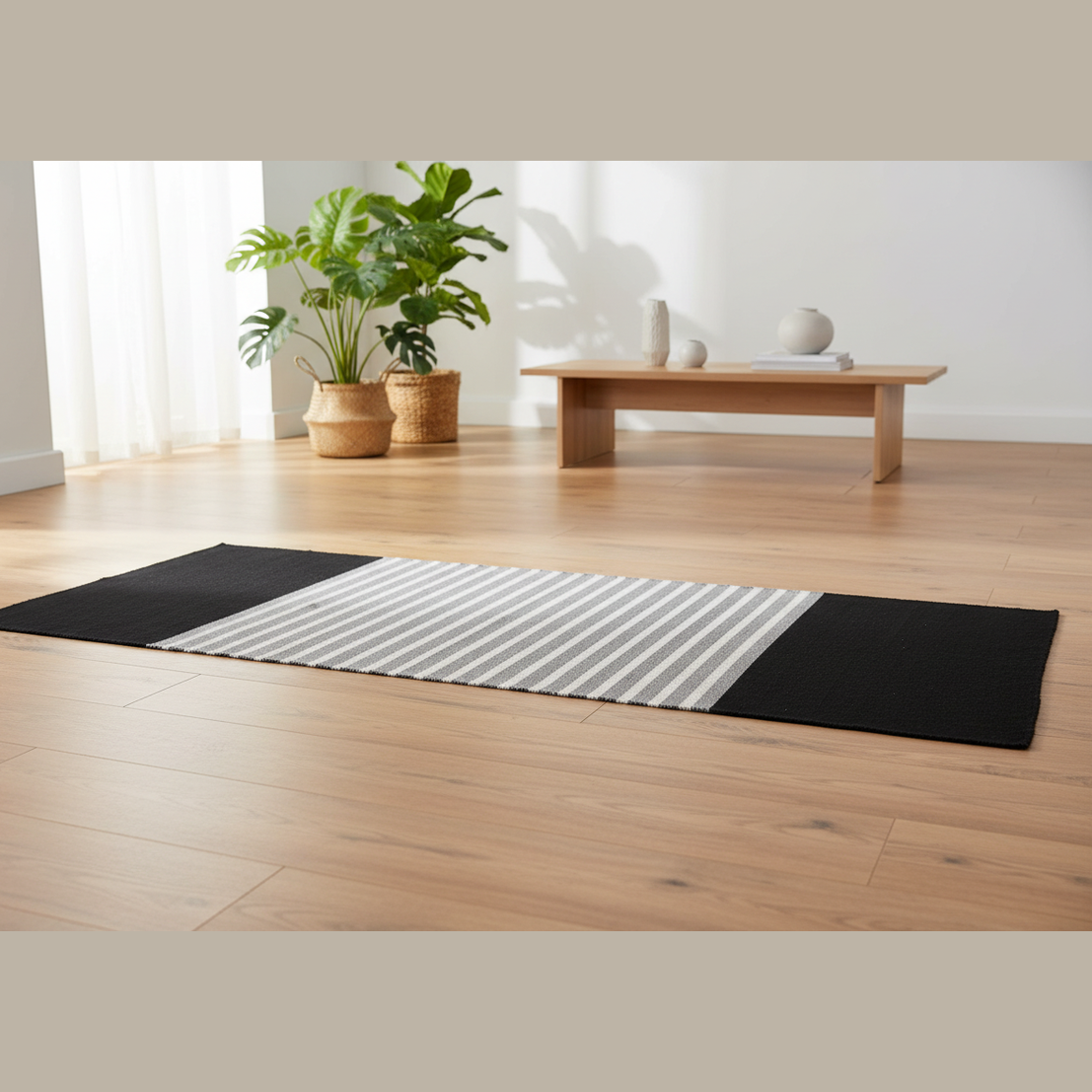 Cotton mat on a wooden floor with plants and a small table in the background