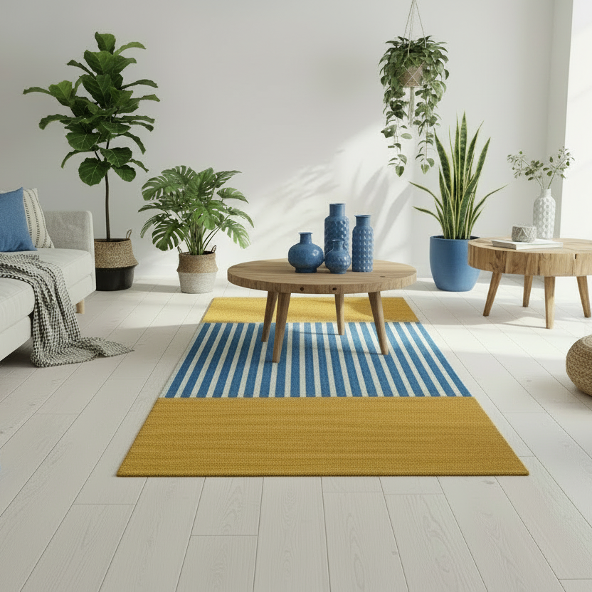 Modern living room with a striped rug, blue vases, and potted plants.