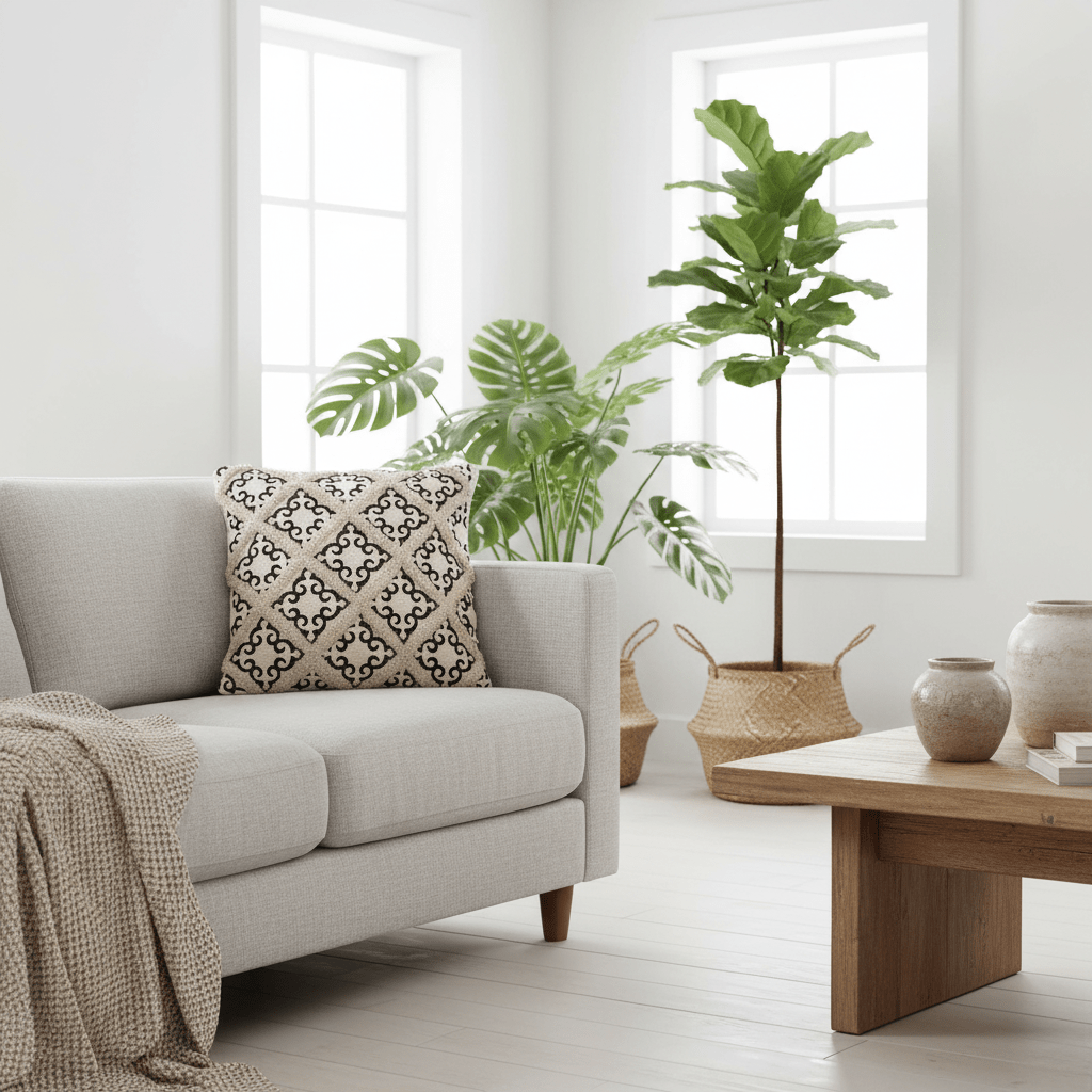 Modern living room with a gray sofa, wooden coffee table, and decorative plants.