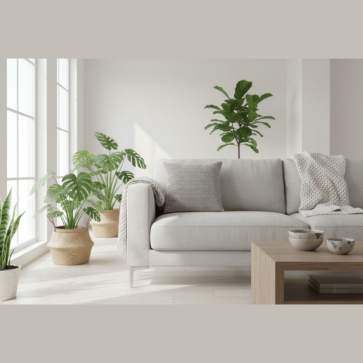 Living room with a gray sofa, wooden coffee table, and potted plants.
