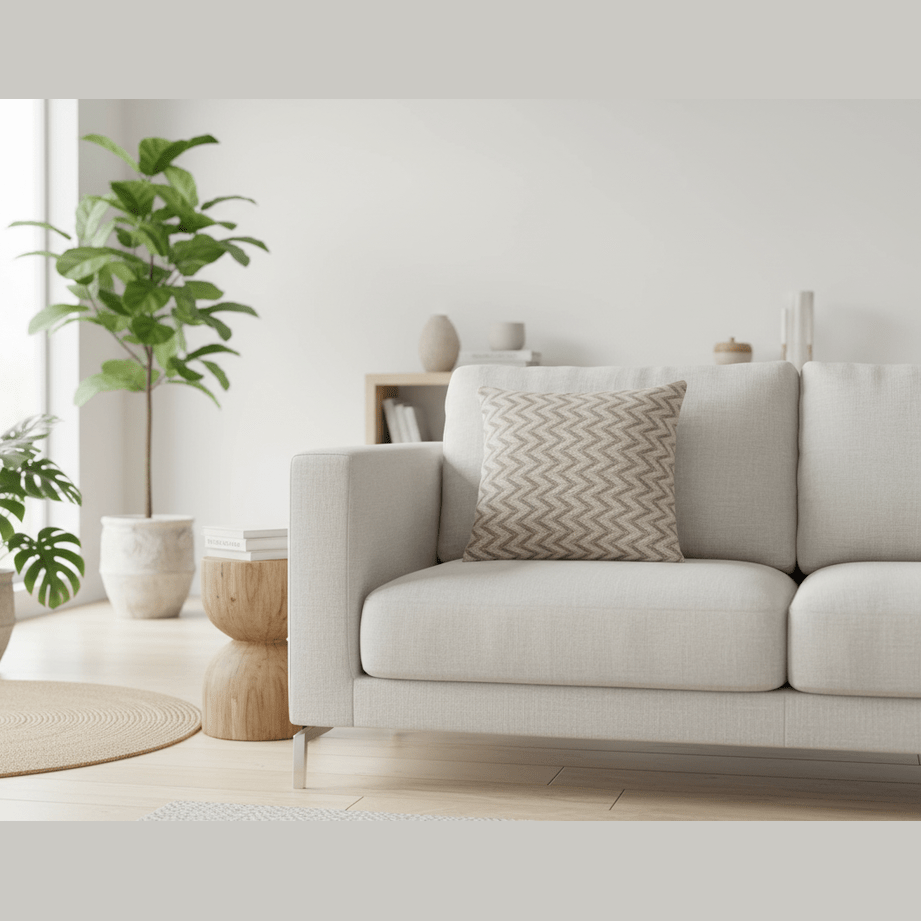 Modern living room with a beige sofa, decorative pillows, and potted plants.
