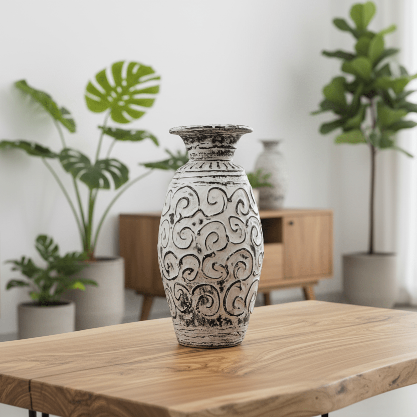 Decorative vase on a wooden table with plants and furniture in the background