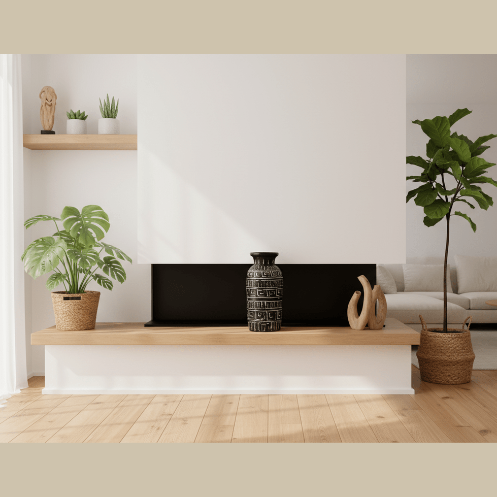 Modern living room with a TV console, plants, and a sofa.