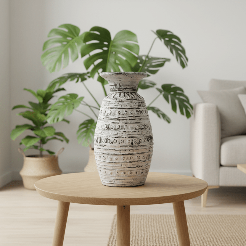 Decorative vase with a plant on a wooden table in a living room setting.