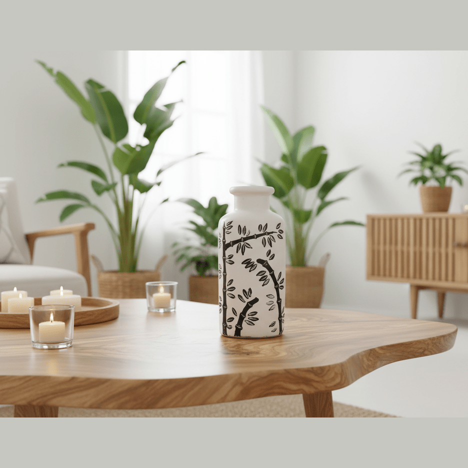 Living room with a wooden coffee table, decorative vase, and candles.