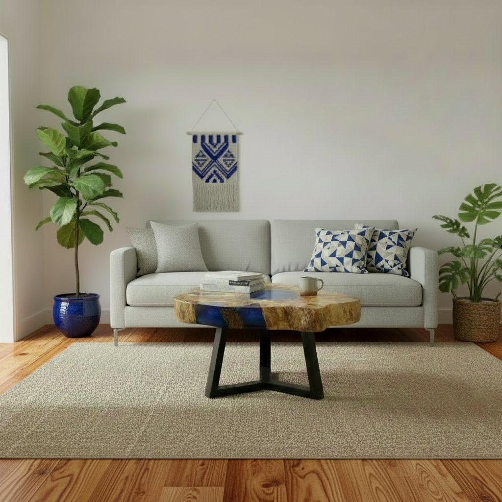 A raw edge coffee table with blue resin in a natural living space with green plants