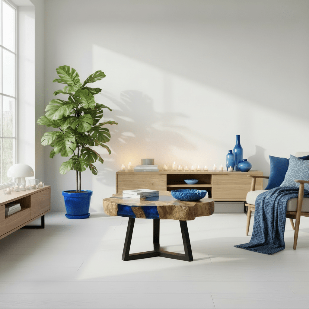 Modern living room with a wooden coffee table, plant, and decorative items.