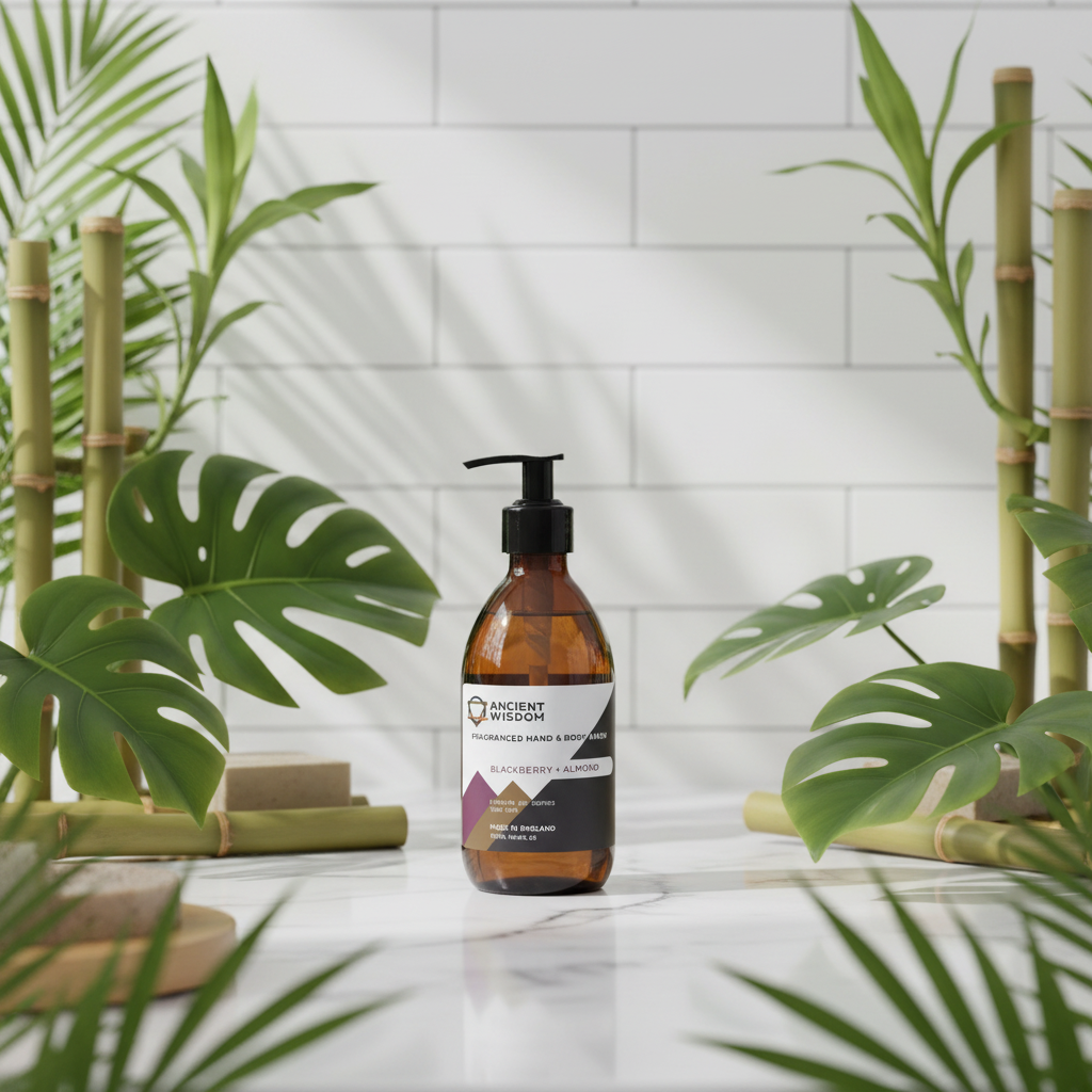 Bottle of hand soap on a bathroom counter with plants and bamboo in the background