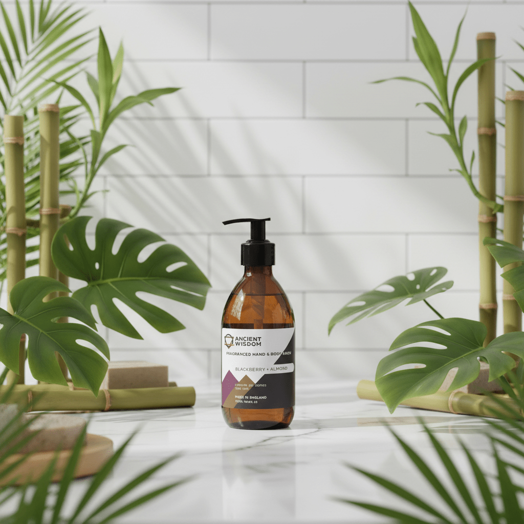 Bottle of hand soap on a bathroom counter with plants and bamboo in the background