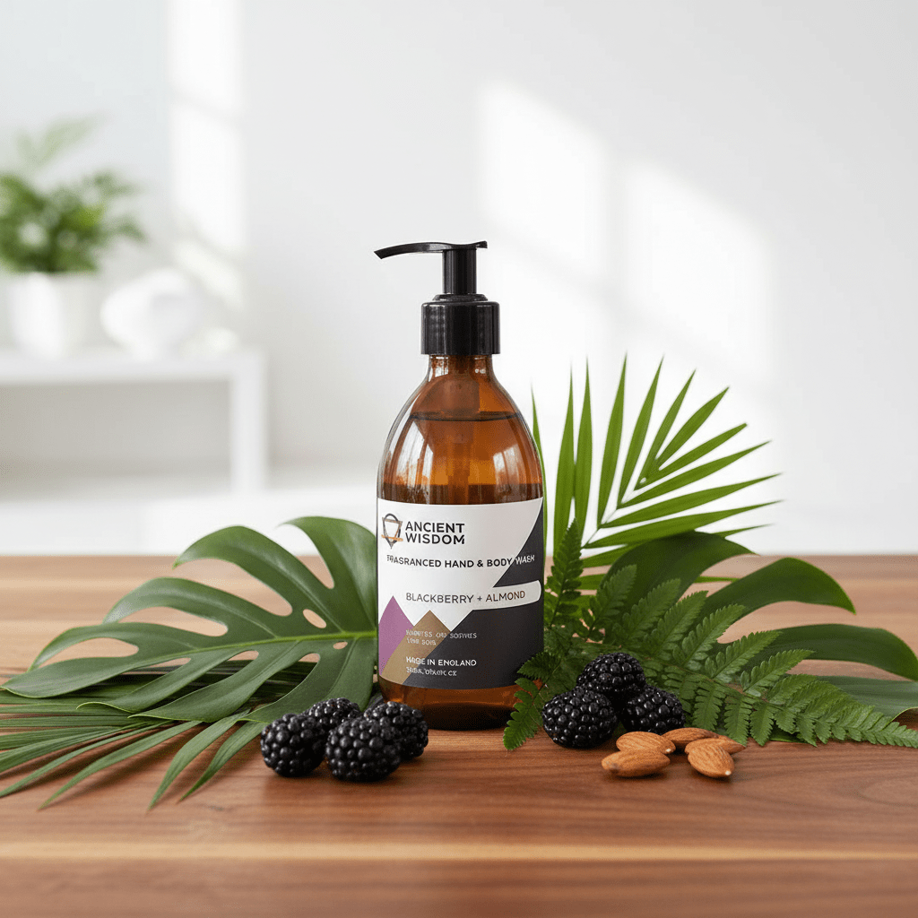 Bottle of hand and body wash with blackberries and almonds on a wooden surface