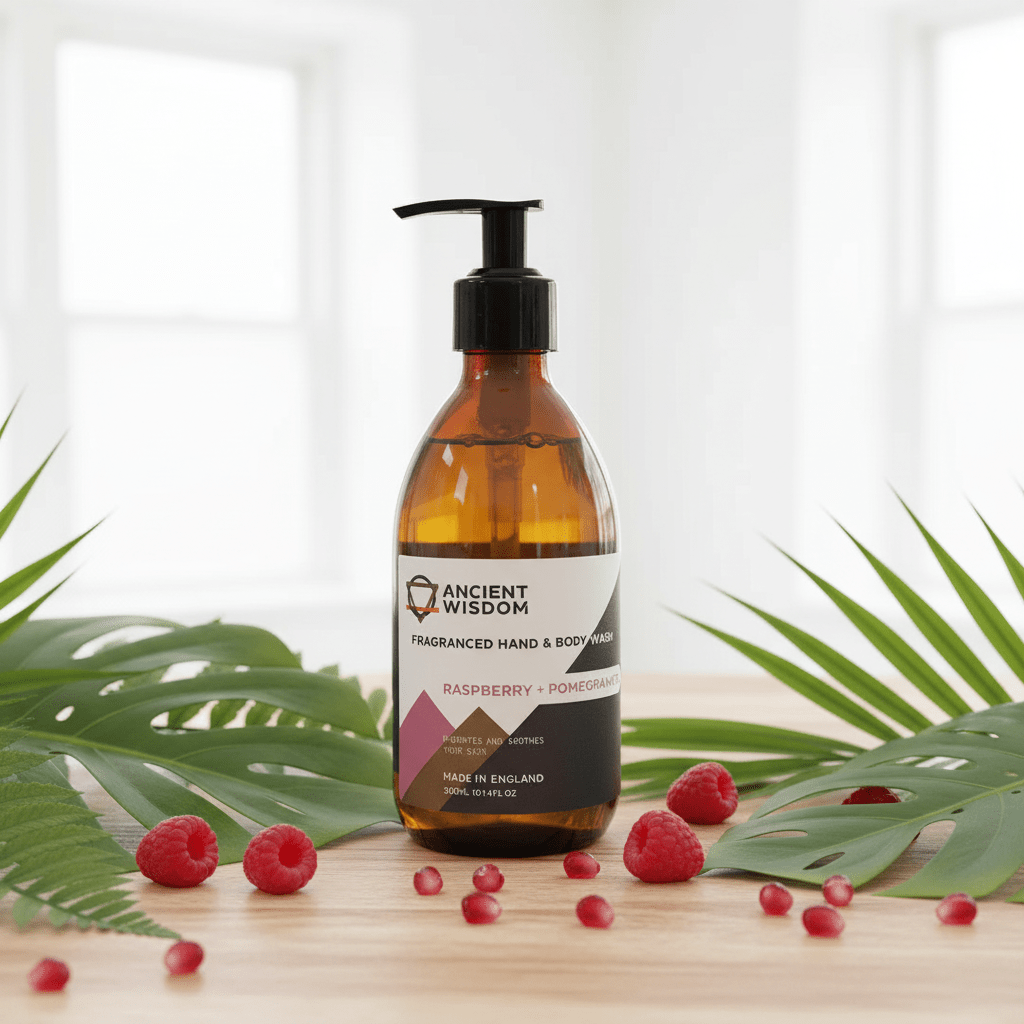 Bottle of Ancient Wisdom hand and body wash with raspberries and leaves on a wooden surface