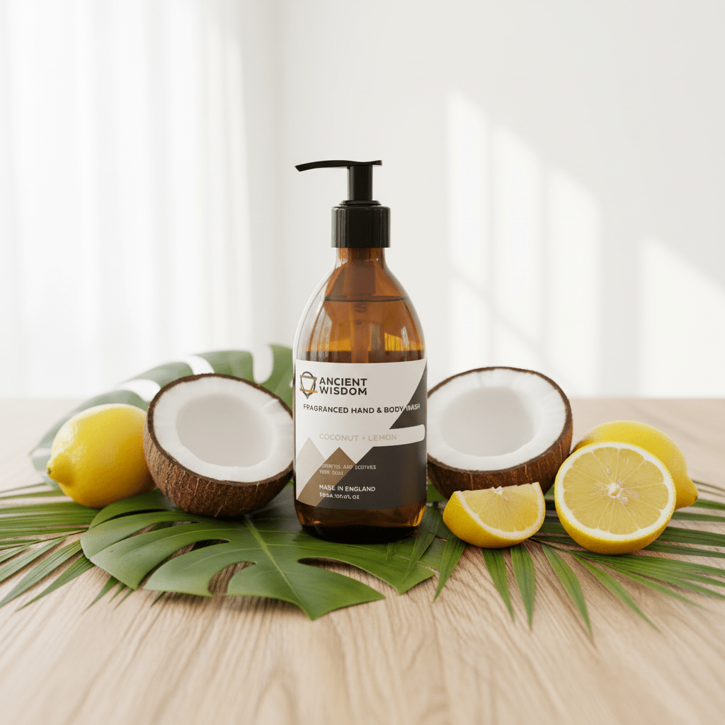 Hand and body wash bottle with coconuts and lemons on a wooden surface