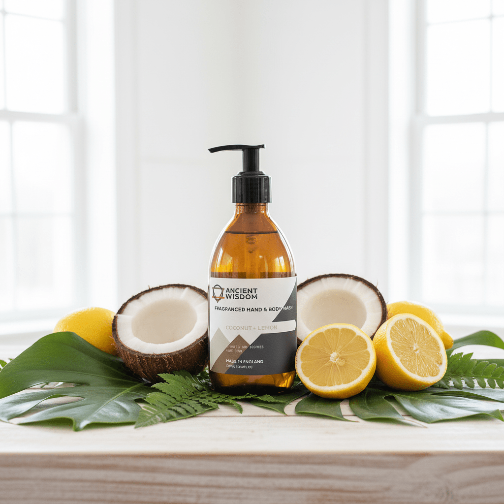 Bottle of Ancient Wisdom hand and body wash with coconuts and lemons on a wooden surface.