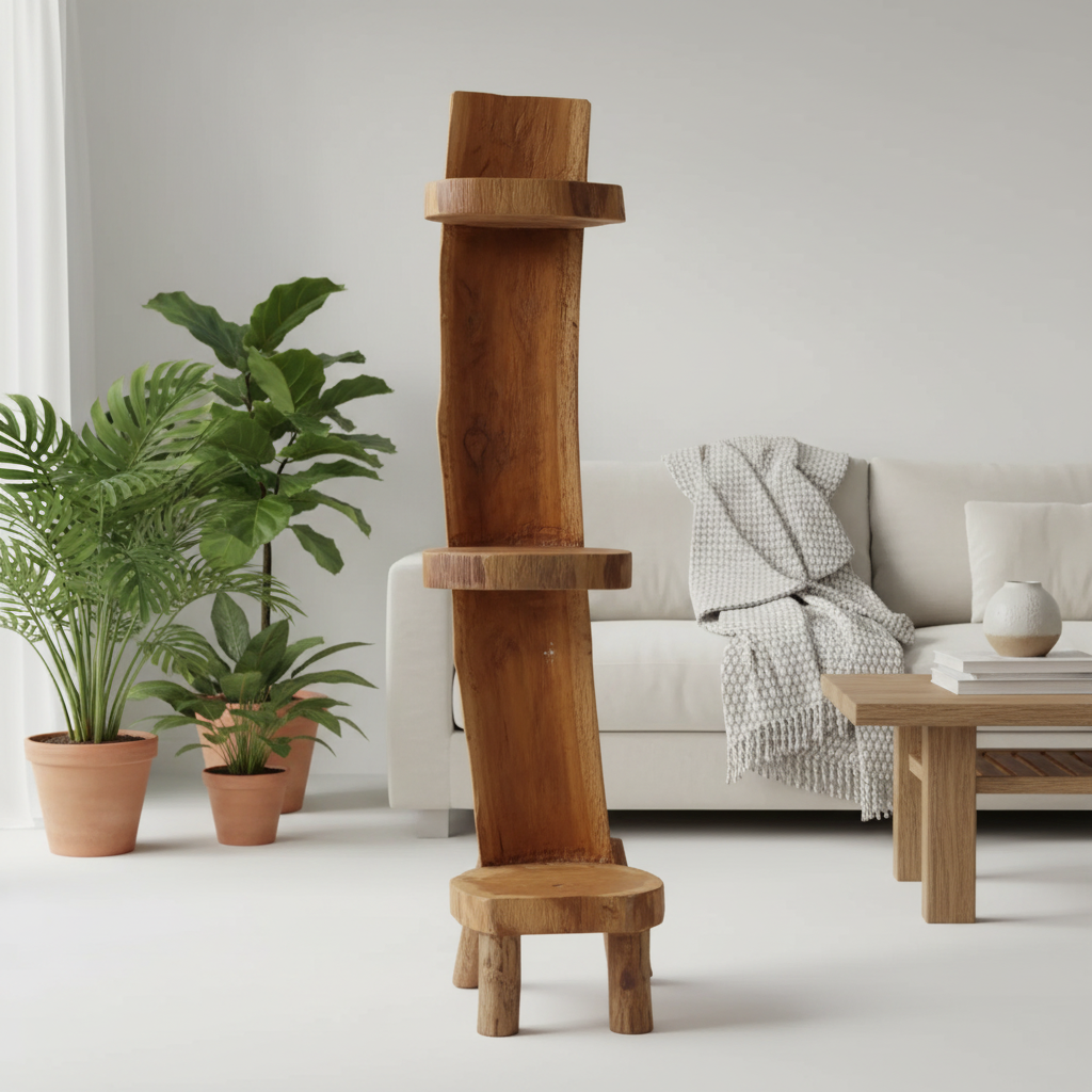 A tall, rustic wooden shelving unit made from a single live-edge wood slab with three tiers and a small bottom stool, shown in a bright, modern living room next to potted plants and a sofa.