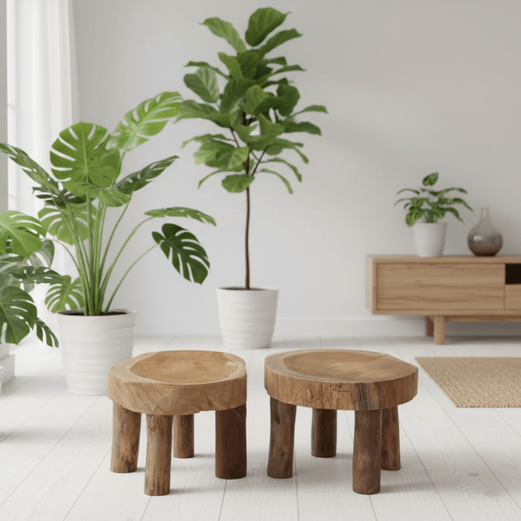 Modern living room with wooden stools, potted plants, and a TV stand.