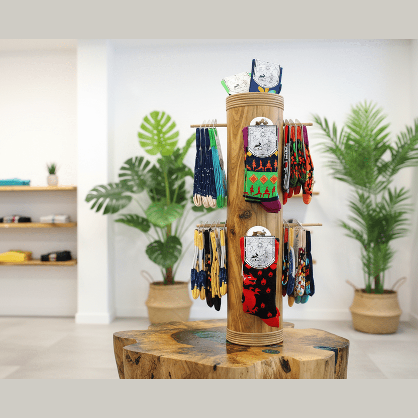 Wooden clothing display with colourful bamboo socks in a store setting