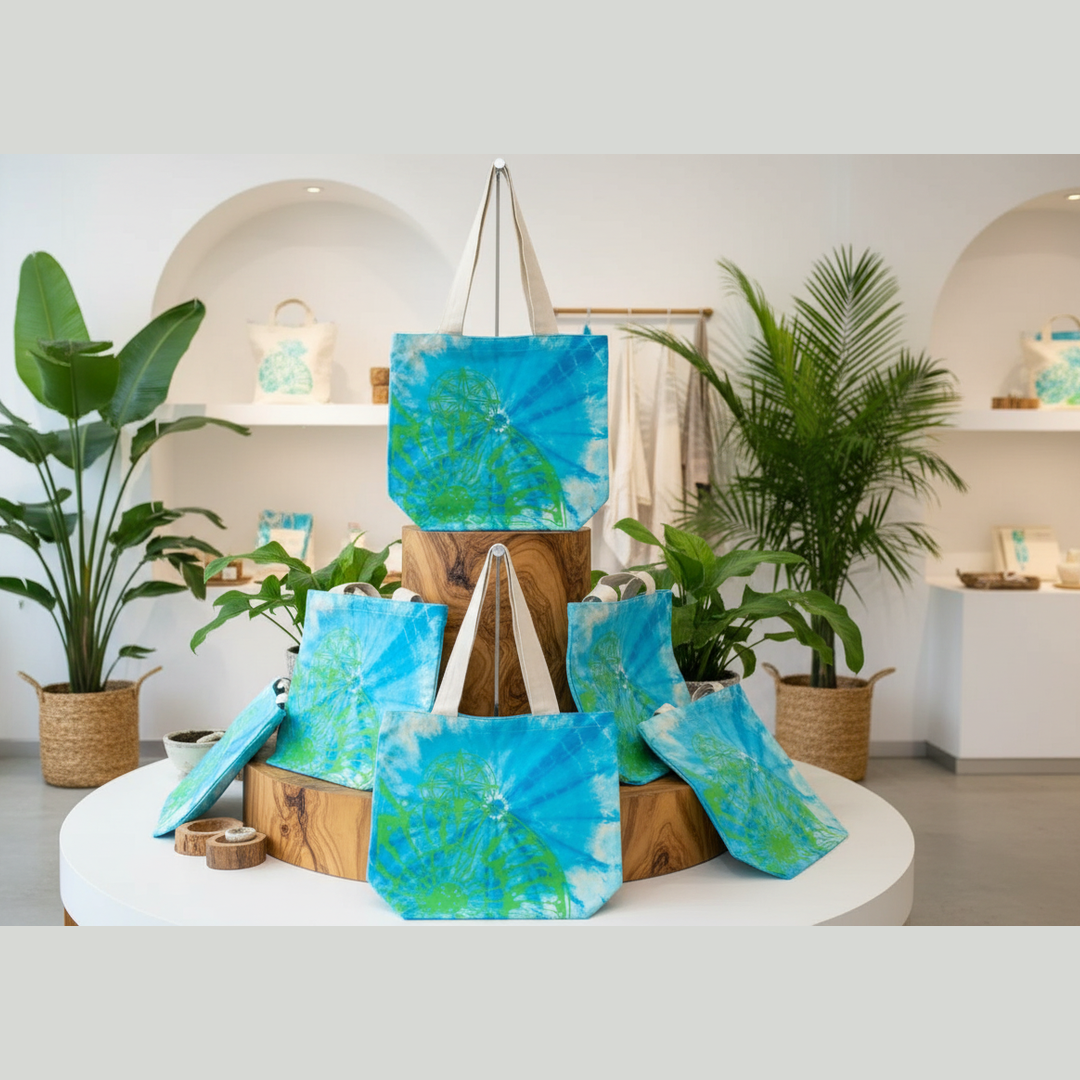 Blue and green tie-dye tote bags displayed on a wooden stand with plants and decor in the background.