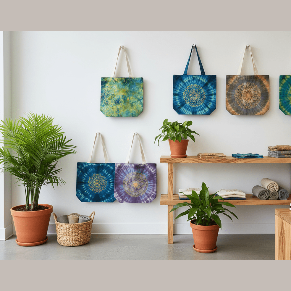 Tie-dye tote bags hanging on a wall with plants and a shelf below.